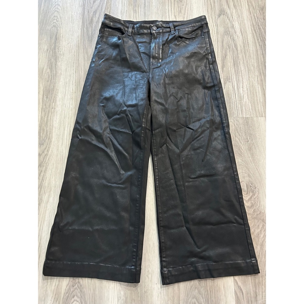 Paige Womens Anessa High Rise‎ Coated Wide Leg Jeans edgy rocker 32 Black Luxe